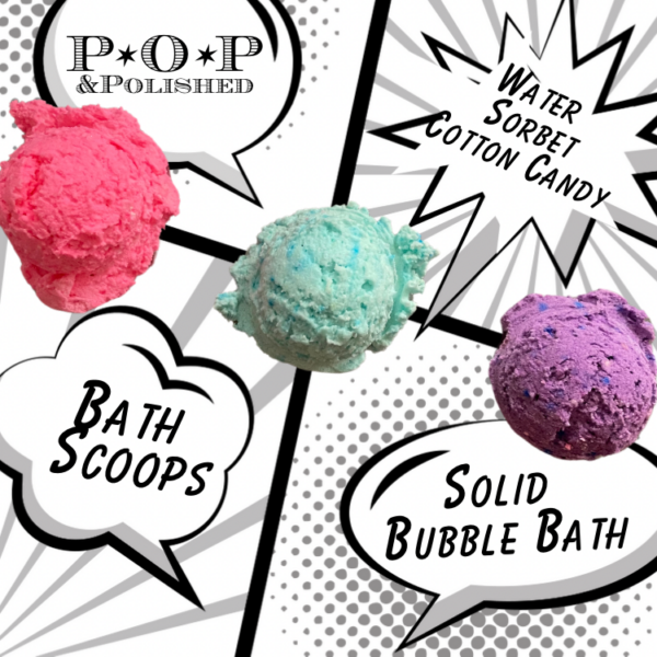 3 scoops of solid bubble bath with text behind them