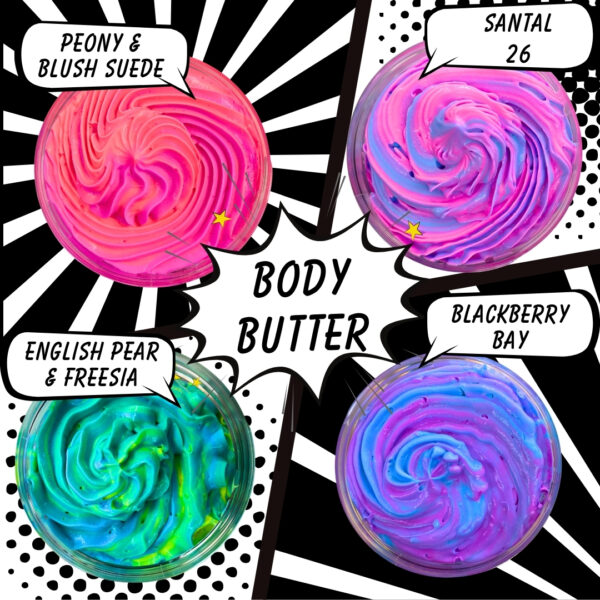 4 open jars of body butter with text