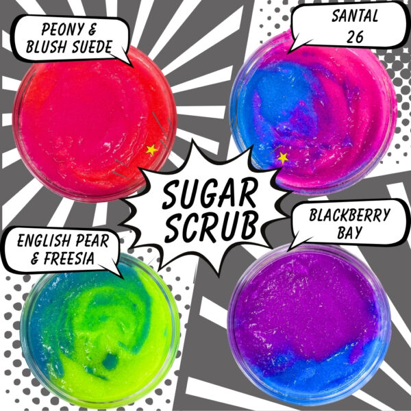 top view of 4 open jars of sugar scrub in different colors with text in the background