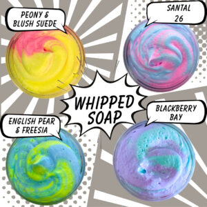 top view of 4 whipped soap containers in different colors with text background